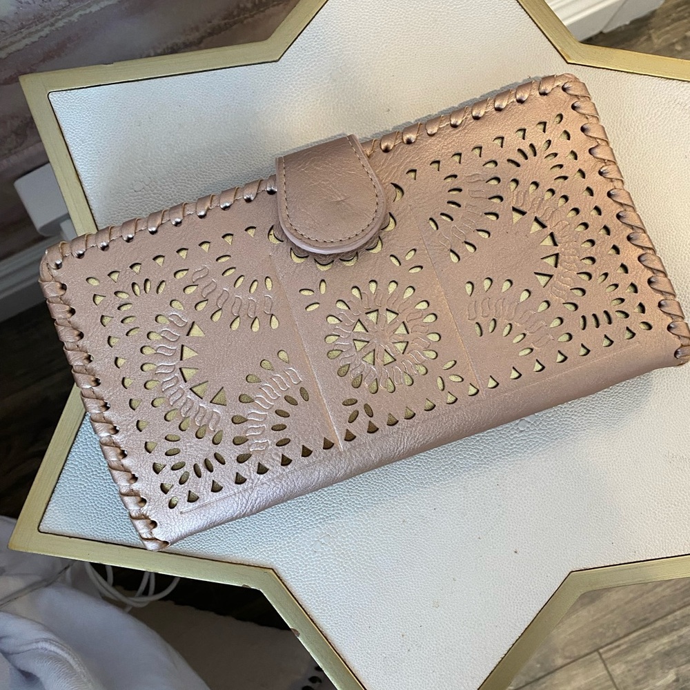 Cleobella Blush Pink Laser-Cut Leather Wristlet Clutch